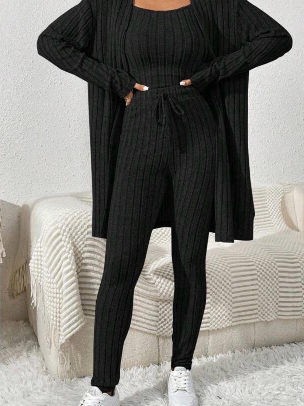 Ribbed Knit Black Pull-On Pants